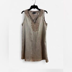 Pants Store sz L Beige gold Metallic Sleeveless minidress Beaded V-Neck flowy